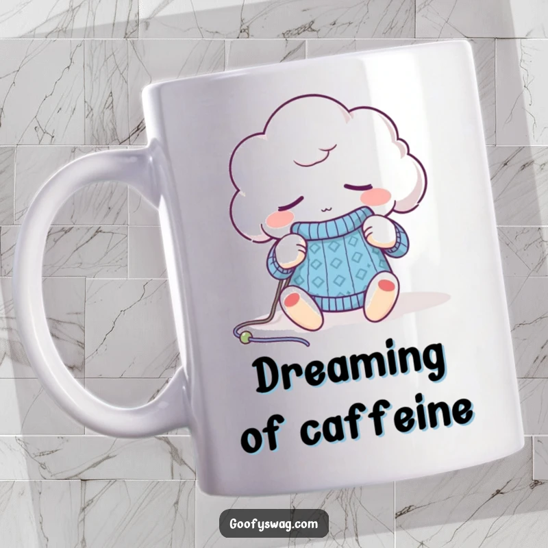 Funny sleepy cloud mug, yawning while attempting to knit a small sweater, conveying effortless charm.