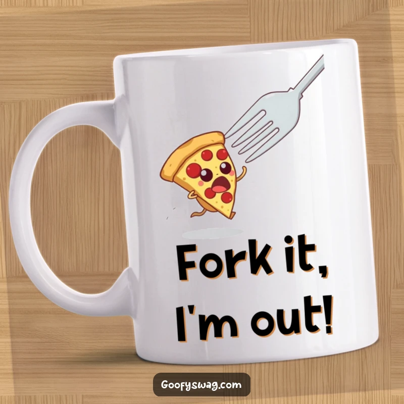 Funny mug featuring a startled pizza slice comically fleeing from a giant fork, capturing a moment of pure, edible panic.