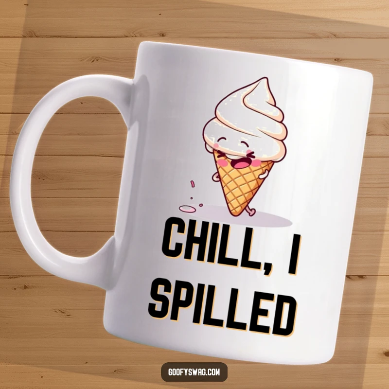 Funny clumsy ice cream cone character tripping over its own sprinkle on a humorous mug.