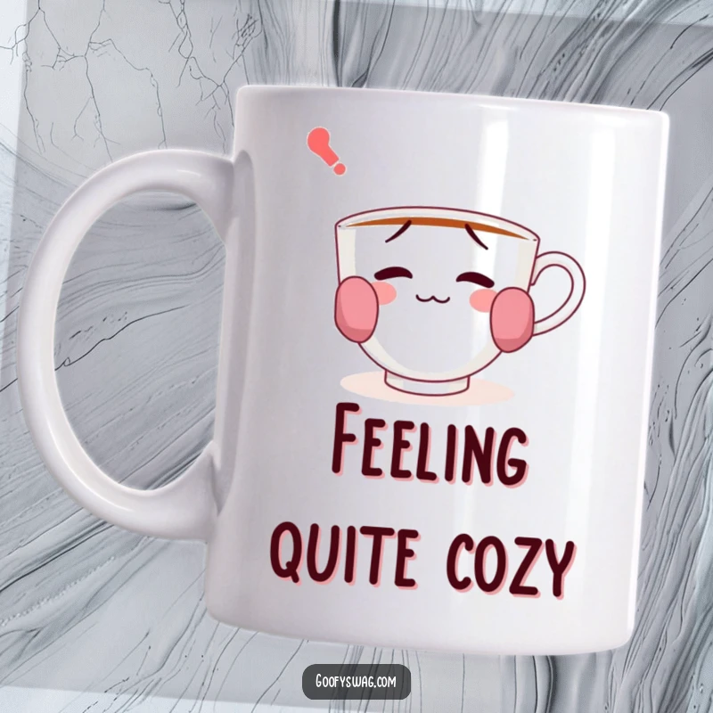 Funny mug featuring a confused teacup wearing socks on its handles, a whimsical and humorous design for beverage enjoyment.