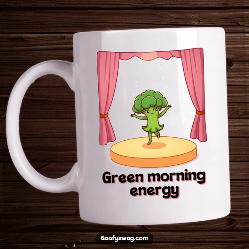 Funny dancing broccoli doing a dramatic pirouette on a tiny stage, a whimsical and humorous mug design for fitness fans and performers.