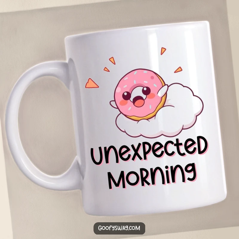 Funny Donut Falling Mug featuring a surprised donut character falling from a cloud with a happy yelp, bringing unexpected humor and sweetness.