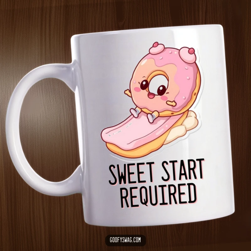 Funny donut character gleefully sliding down a vibrant frosting slide on a mug, embodying pure, sweet joy and humor.