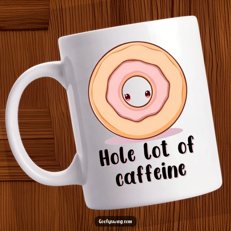 Funny doughnut character peeking curiously from the hole of a larger doughnut on a mug, conveying whimsical intrigue.