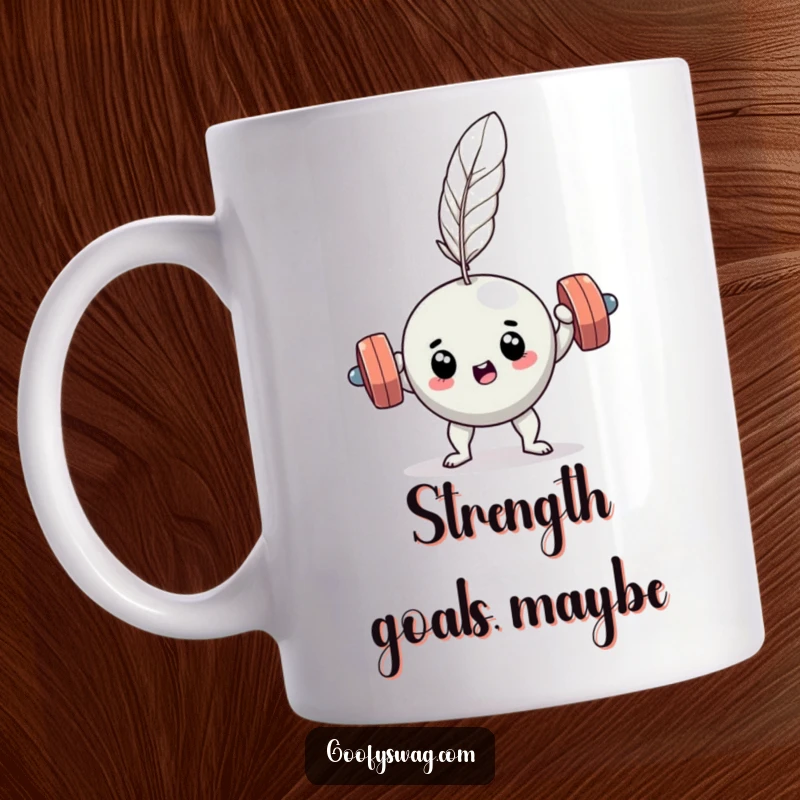 Funny determined dumbbell mug, struggling to lift a tiny feather, symbolizing a comical workout challenge.