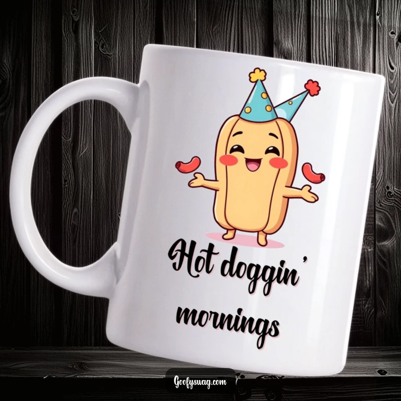 Funny grinning hot dog wearing a party hat, enthusiastically juggling multiple tiny sausages, looking like the life of the party.