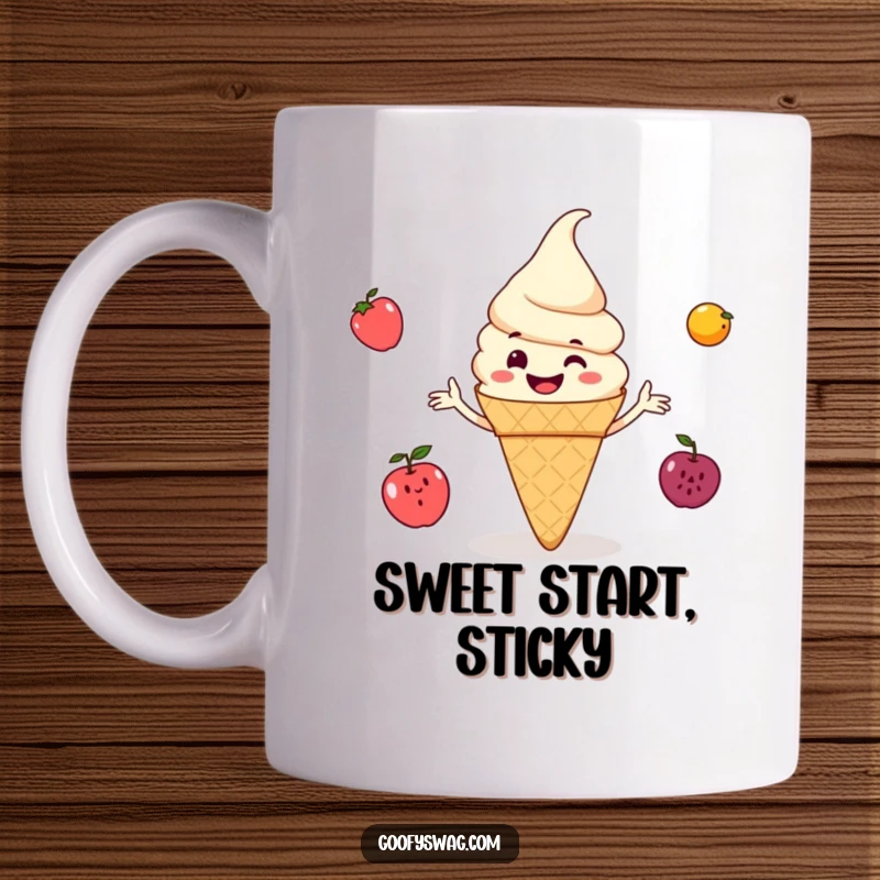 Funny ice cream cone grinning and juggling small fruits, a whimsical and humorous mug design for dessert lovers and fun enthusiasts.