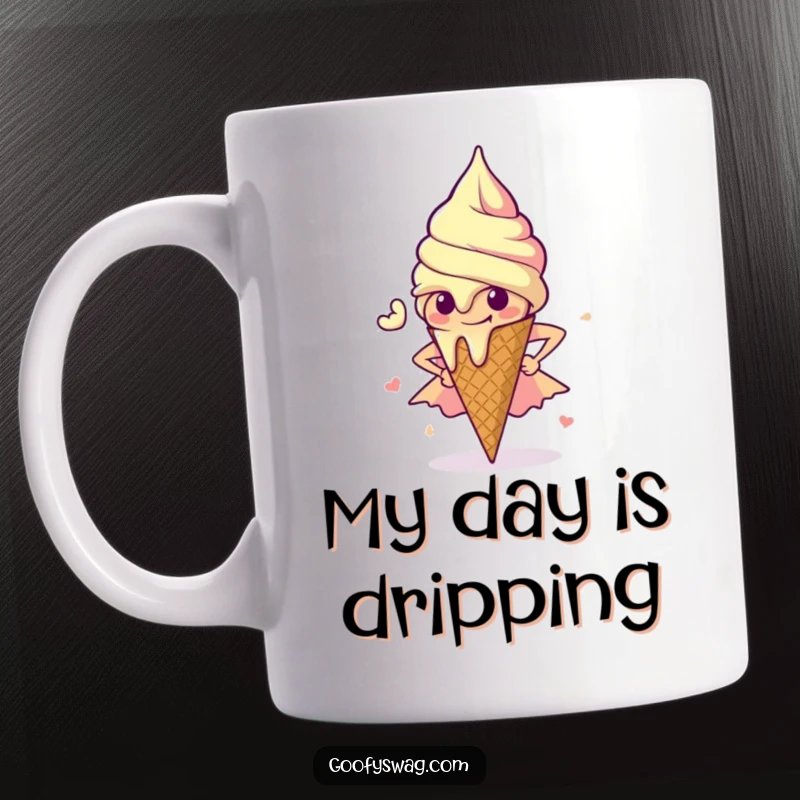 Funny Ice Cream Mug: A melting ice cream cone dramatically strikes a superhero pose, ready to save the day.