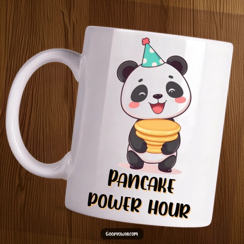 Funny beaming panda in a party hat comically balancing a tall stack of pancakes, a delightful and humorous mug design.