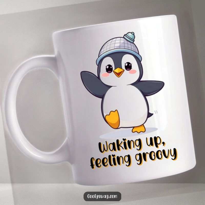 Funny Mug features a proud penguin in a disco ball hat, dancing energetically, symbolizing celebration and fun.