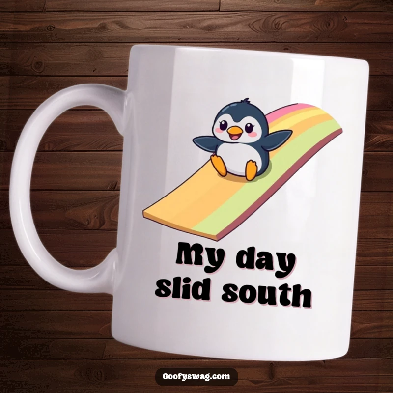 Funny clumsy penguin unexpectedly sliding down a vibrant rainbow-colored ramp, a cheerful and humorous mug design.
