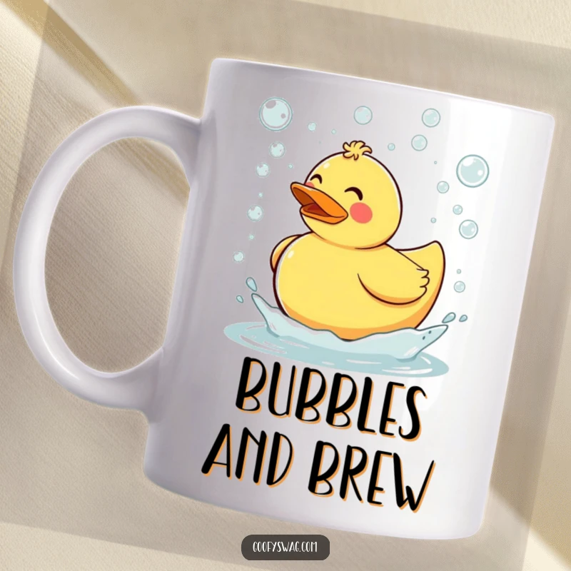 Funny clumsy rubber duck tripping and sending bubbles flying everywhere, a whimsical and humorous mug design for bath lovers and fun seekers.
