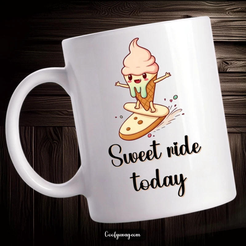 Funny mug showing a melting ice cream cone bravely surfing on a runaway cookie, a delightful depiction of dessert chaos.