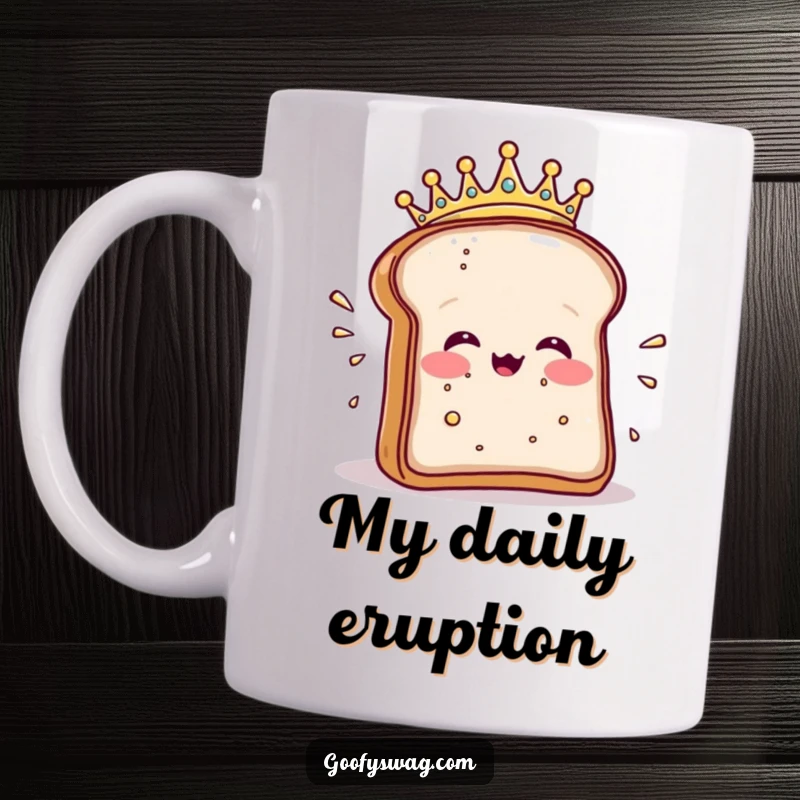 Funny mug shows a happy, crowned toast slice dramatically sneezing a shower of crumbs, embodying expressive breakfast.