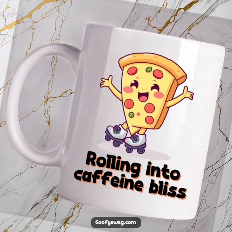 Funny pizza slice with roller skates, spinning joyfully on a coffee mug, capturing a moment of pure fun.
