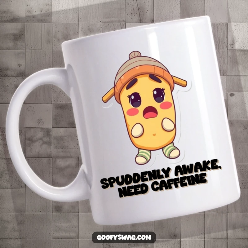 Funny Mug featuring a cartoon potato with wide eyes, wearing a propeller beanie and mismatched socks, looking utterly surprised.