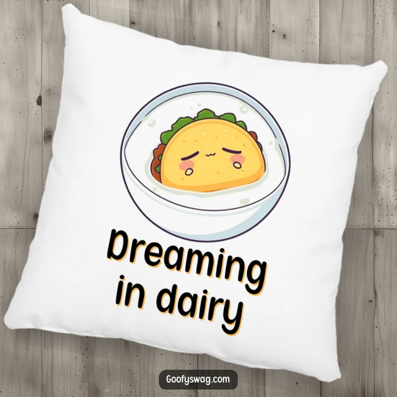 Funny pillow with a sleepy taco floating serenely in milk, soft and humorous home decor for relaxation.