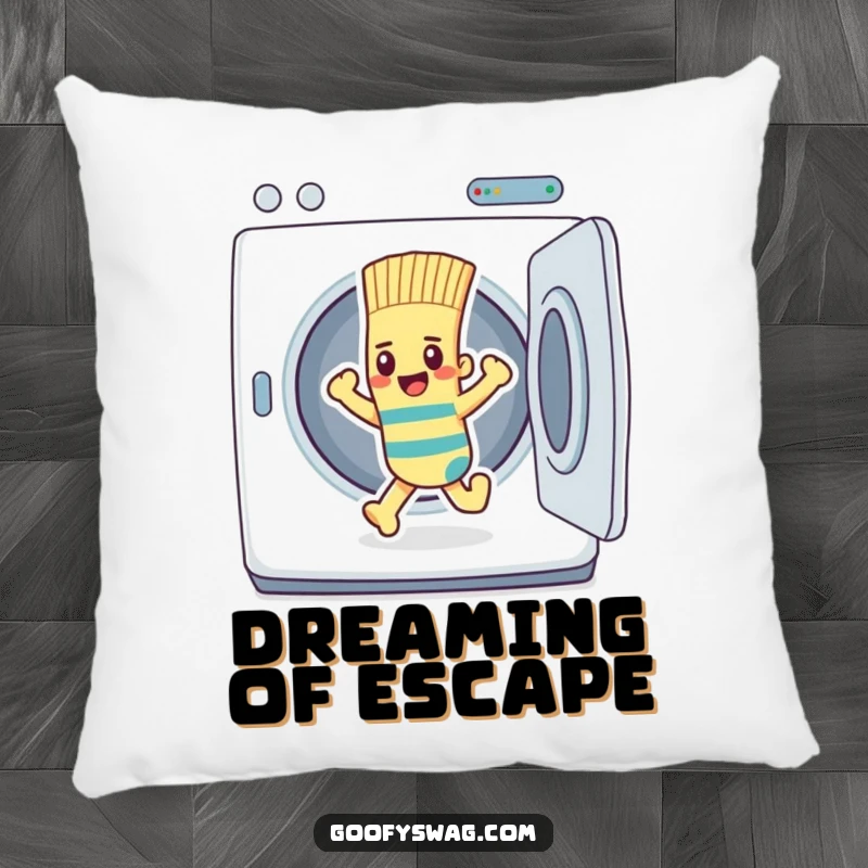 Funny determined sock character escaping a dryer, depicted on a soft and humorous decorative pillow.