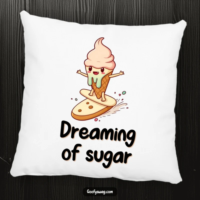 Funny pillow featuring a melting ice cream cone surfing a runaway cookie, adding a touch of sweet humor to any cozy space.