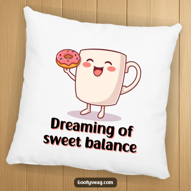 Funny Coffee Mug Pillow: A plush pillow featuring a dancing coffee mug balancing a donut, bringing cozy morning fun and cheer.