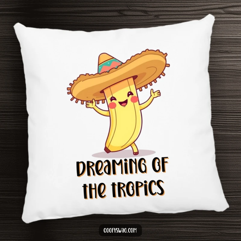 Funny pillow featuring a banana peel in a sombrero doing the cha-cha, offering comfort and a festive, humorous decor accent.
