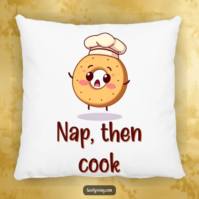 Funny pillow featuring a surprised bagel in a chef hat trying to flip, perfect for adding comfort and humor.