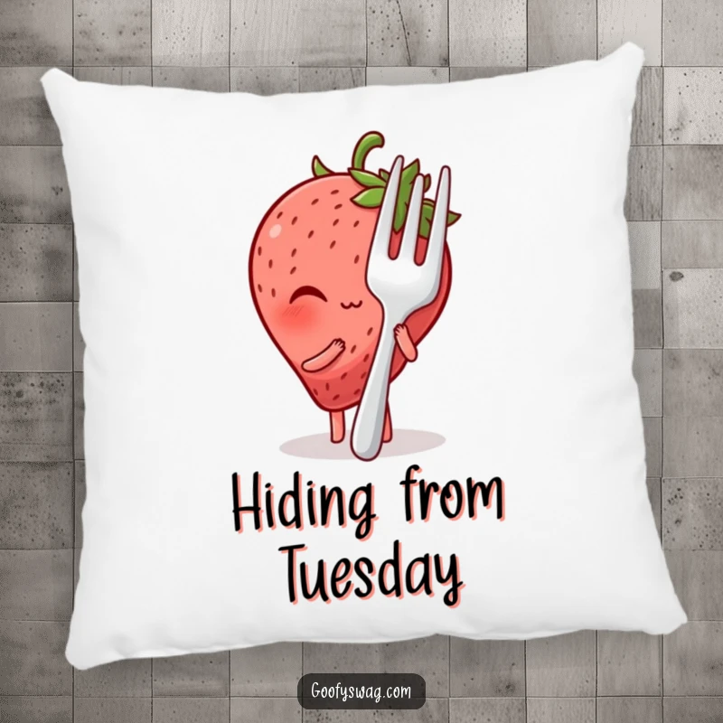 Funny blushing strawberry character on a soft pillow, hiding playfully behind a large fork, adding cute humor to any room.