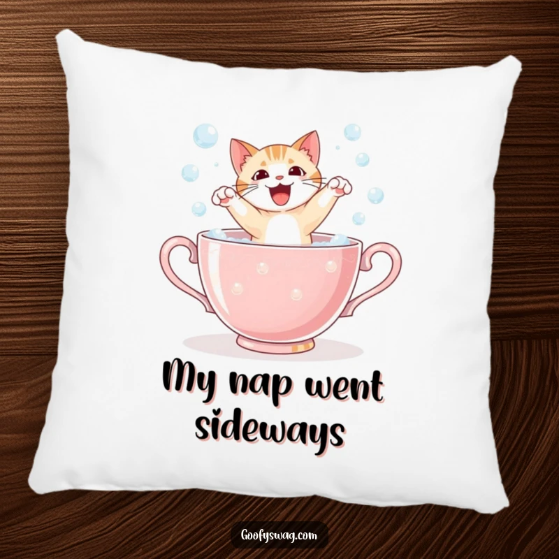 Funny cat startled in a giant teacup full of bubbles, a soft and humorous pillow for cozying up with laughter.