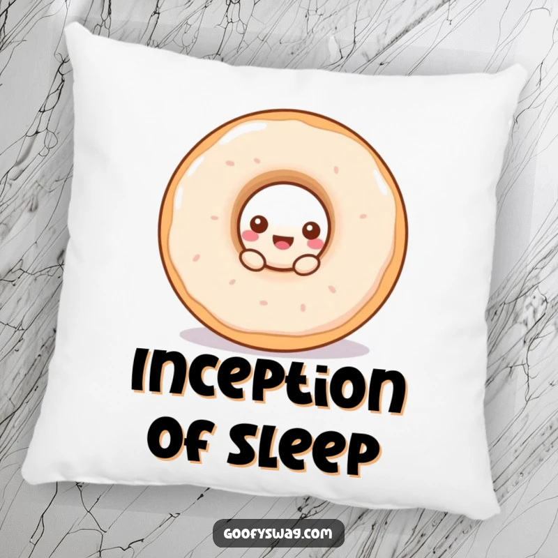 Funny doughnut pillow showing a curious doughnut peeking from the hole of another, soft and humorous home decor.