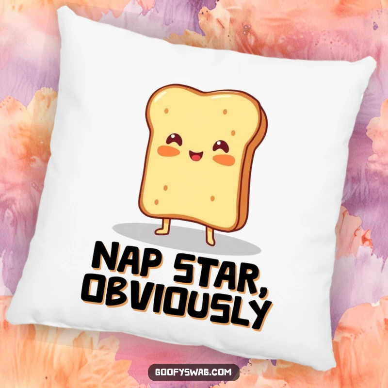 Funny pillow featuring a proud grilled cheese sandwich posing dramatically in a spotlight, adding a cheesy touch to decor.