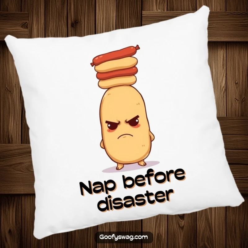 Funny grumpy potato pillow, depicting a potato struggling to balance hot dogs on its head. Soft, comfortable, and humorous home decor.