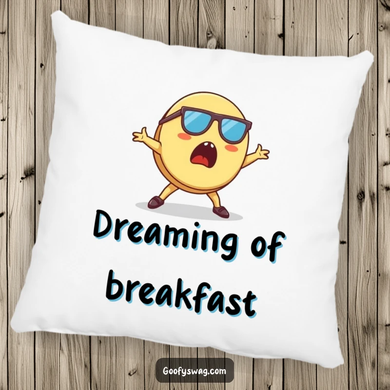 Funny Pancake Pillow showing a surprised pancake in cool sunglasses, doing a dynamic breakdancing pose, soft and humorous.