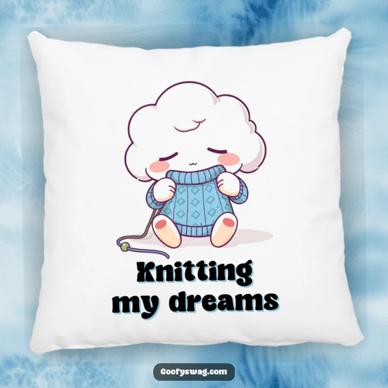 Funny sleepy cloud knitting pillow, a soft cushion depicting a dozing character with yarn, perfect for comfort.