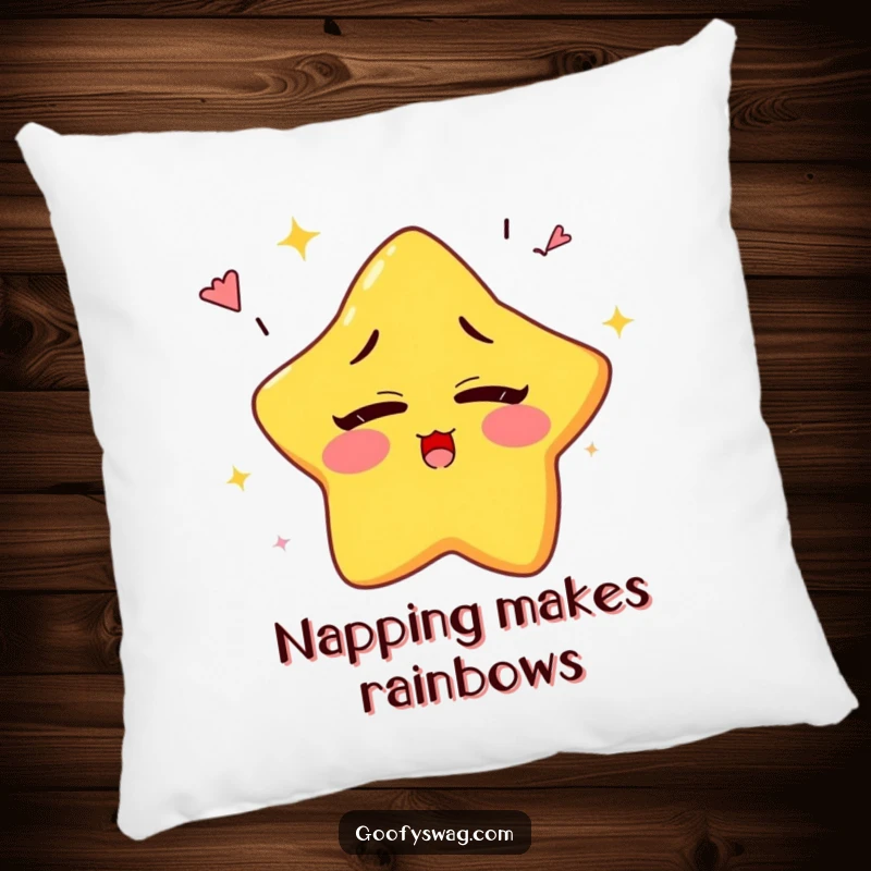 Funny sleepy star character yawning rainbows while blinking, depicted on a soft and humorous decorative pillow.