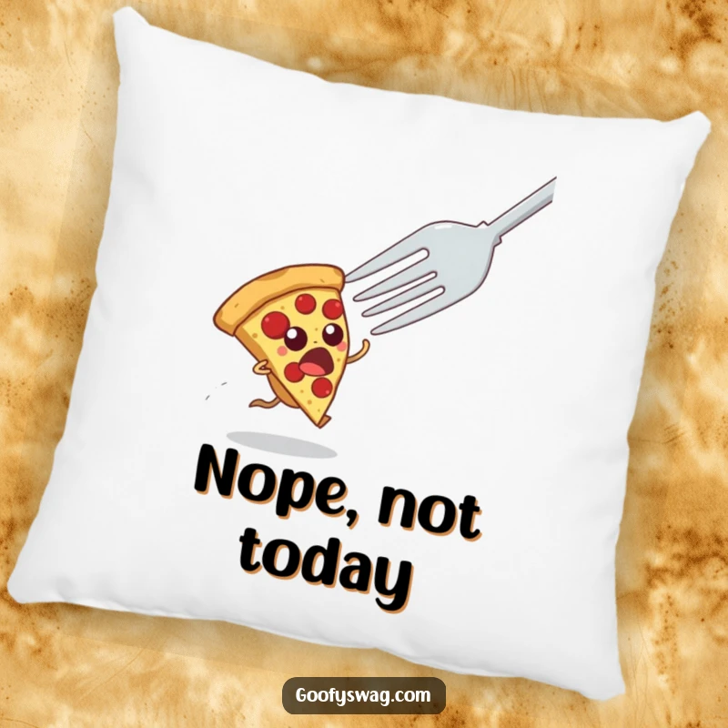 Funny pillow featuring a scared pizza slice running from an enormous fork, a humorous accent piece for sofas and beds.
