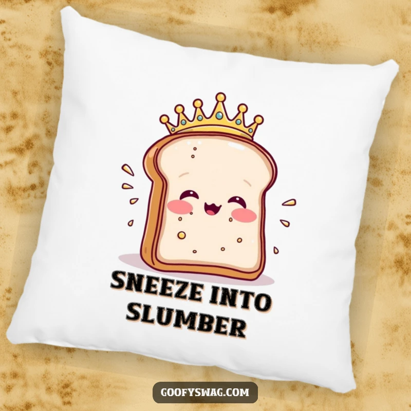 Funny pillow featuring a crowned toast slice dramatically sneezing crumbs, perfect for comfort and humor.