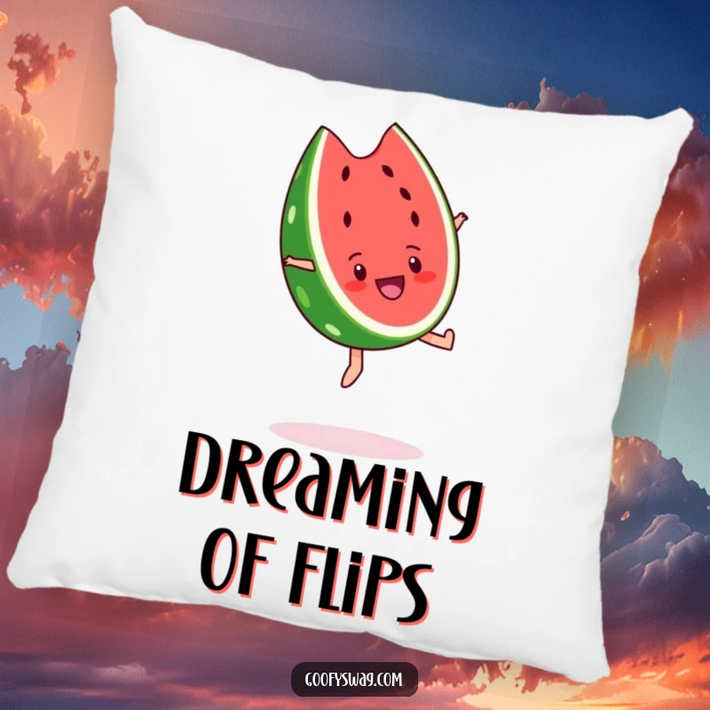 Funny watermelon slice pillow, mid-backflip with an expression of utter delight. Soft, decorative, and humorously energetic.