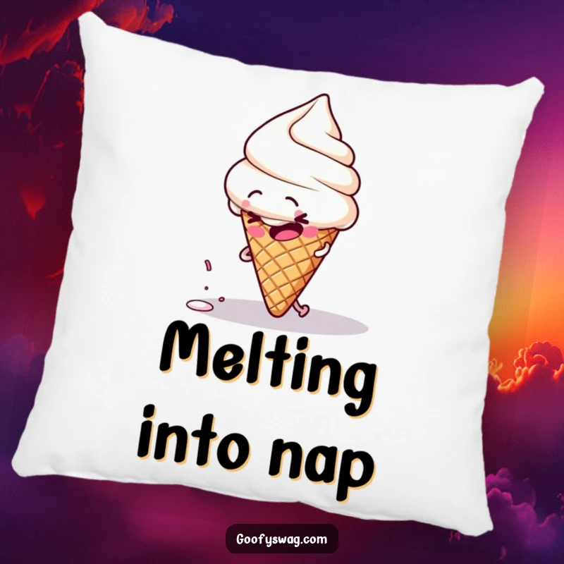 Funny clumsy ice cream cone character tripping over its own sprinkle, depicted on a soft and humorous decorative pillow.