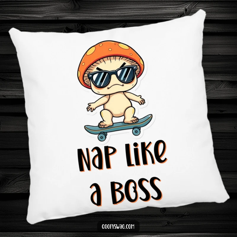Funny pillow featuring a grumpy mushroom wearing sunglasses and riding a skateboard, offering comfort with a cool and humorous design.