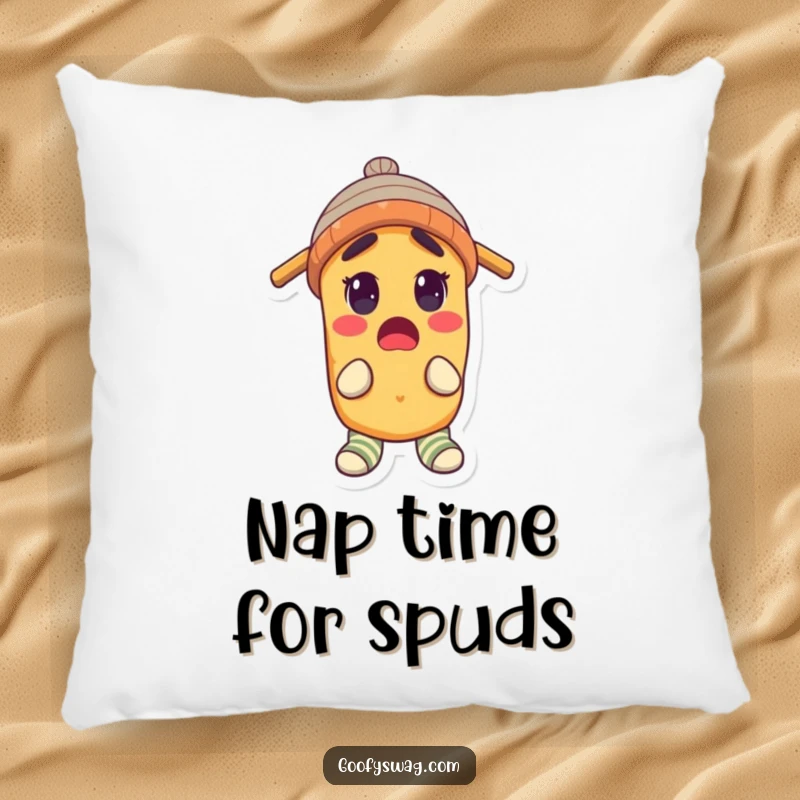 Funny Pillow featuring a soft, plush potato character looking surprised, adorned with a propeller beanie and mismatched socks.