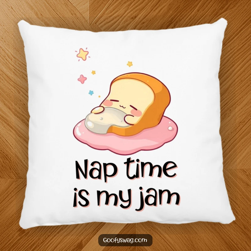 Funny pillow designed as a sleepy bread loaf, closed eyes, dreaming of floating in jelly, offering comfort and humorous charm.