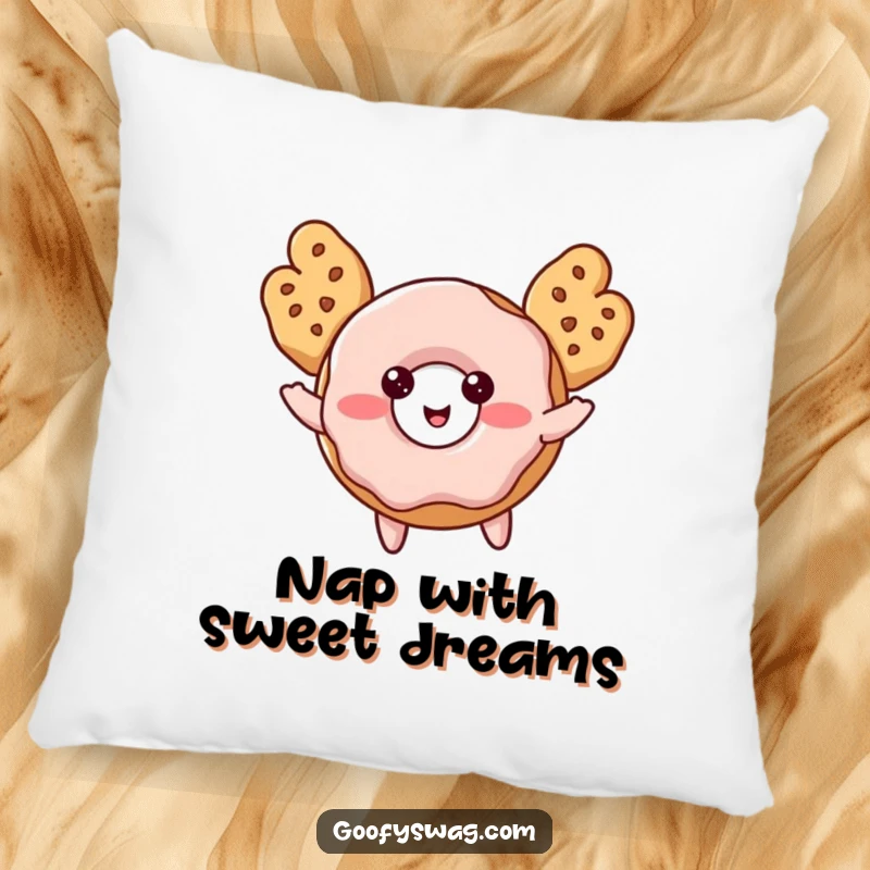 Funny Donut Pillow showing a blushing donut with cookie wings, attempting to fly, soft and charming.