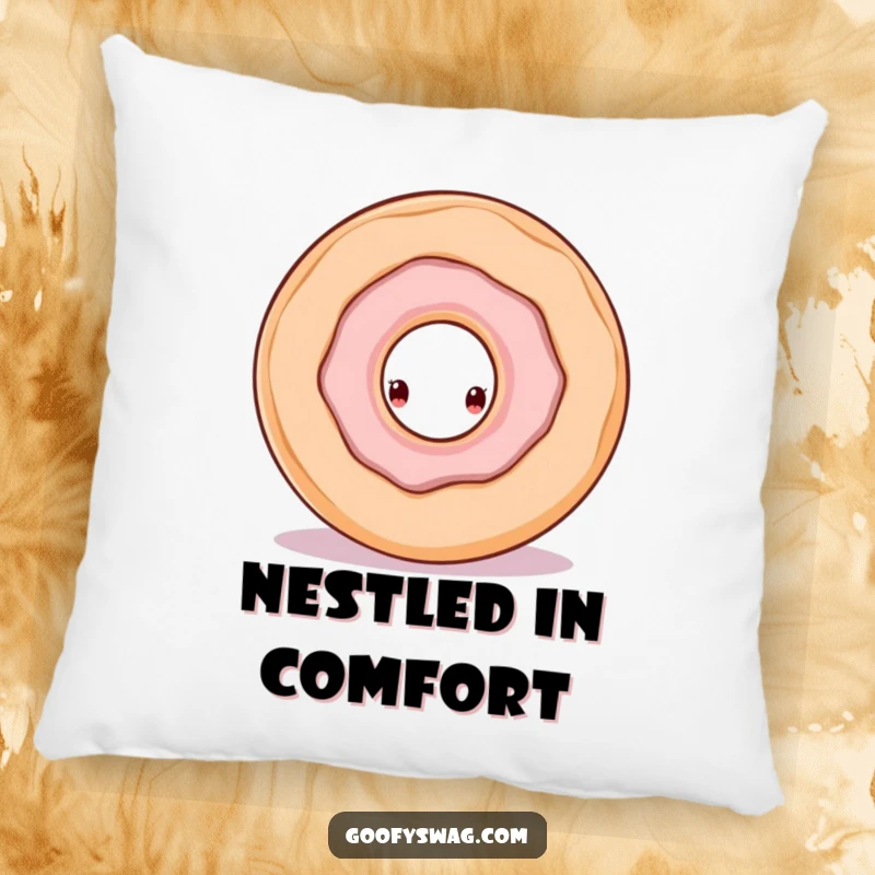 Funny and soft pillow featuring a doughnut with a hole peeking out from a larger doughnut, offering cozy and humorous charm.