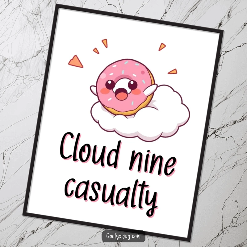 Funny Donut Falling Digital Art Print of a surprised donut character falling from a cloud with a happy yelp, offering instant humorous sweet decor.