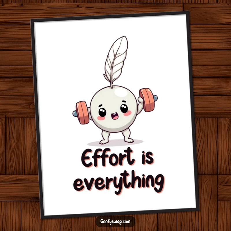 Funny determined dumbbell feather lift digital art print, a humorous illustration for instant motivational decor.
