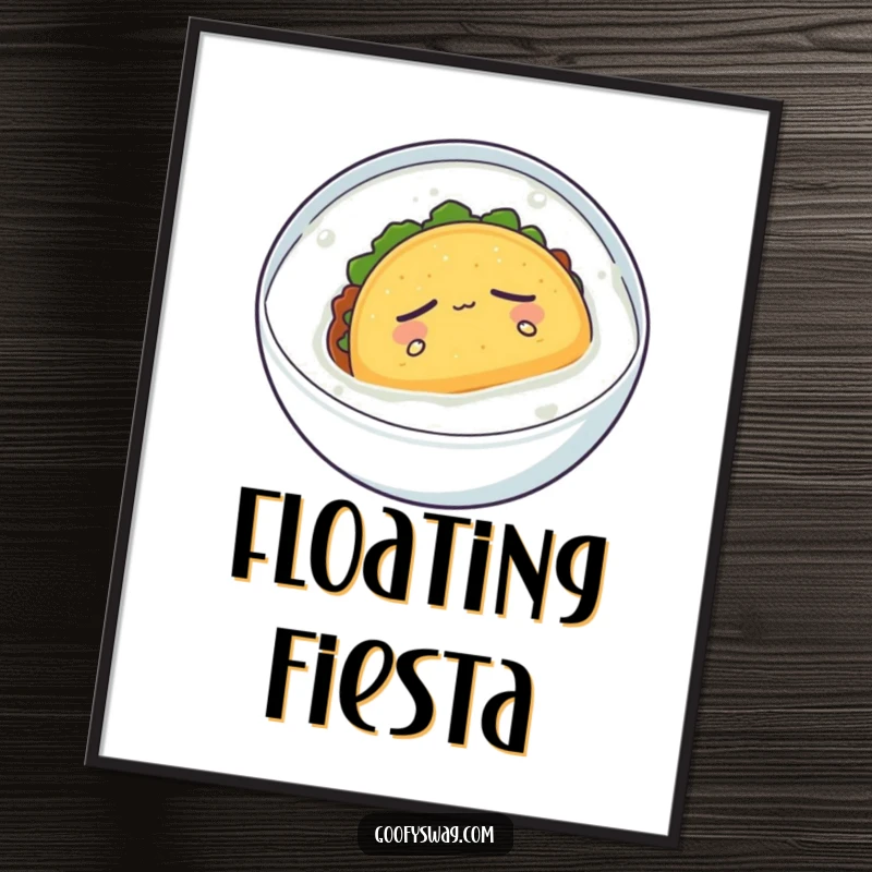 Funny digital art print of a sleepy taco floating serenely in milk, high-resolution, instant download, humorous decor.