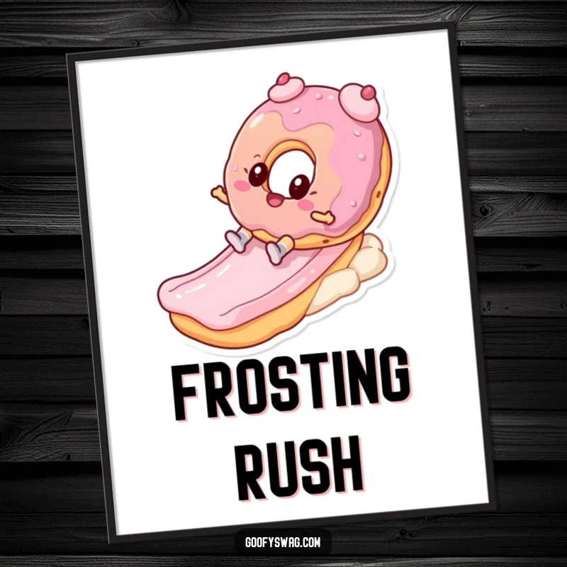 Funny digital art print of a donut character joyfully sliding down a frosting slide, perfect for instant sweet and humorous decor.