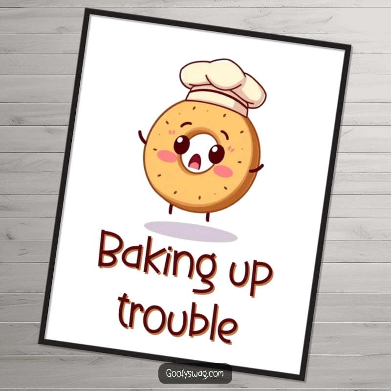 Funny digital art print of a surprised bagel wearing a chef hat, attempting to flip itself, ready for download.