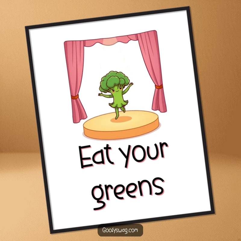 Funny dancing broccoli doing a dramatic pirouette on a tiny stage, a vibrant digital art print, perfect for instant download and adding performance humor.