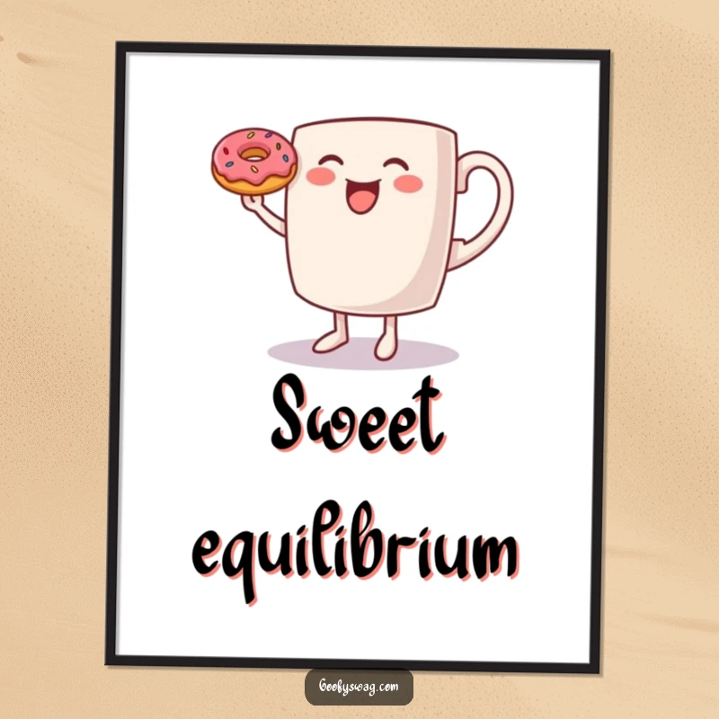 Funny Coffee Mug Digital Art: A high-resolution print of a dancing coffee mug balancing a donut, full of morning cheer and playful motion.